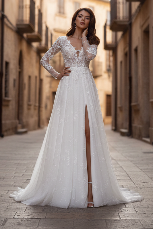 Elegant V-Neck Long Sleeve A-Line Appliques With Side Slit Wedding Dress