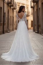 Elegant V-Neck Long Sleeve A-Line Appliques With Side Slit Wedding Dress