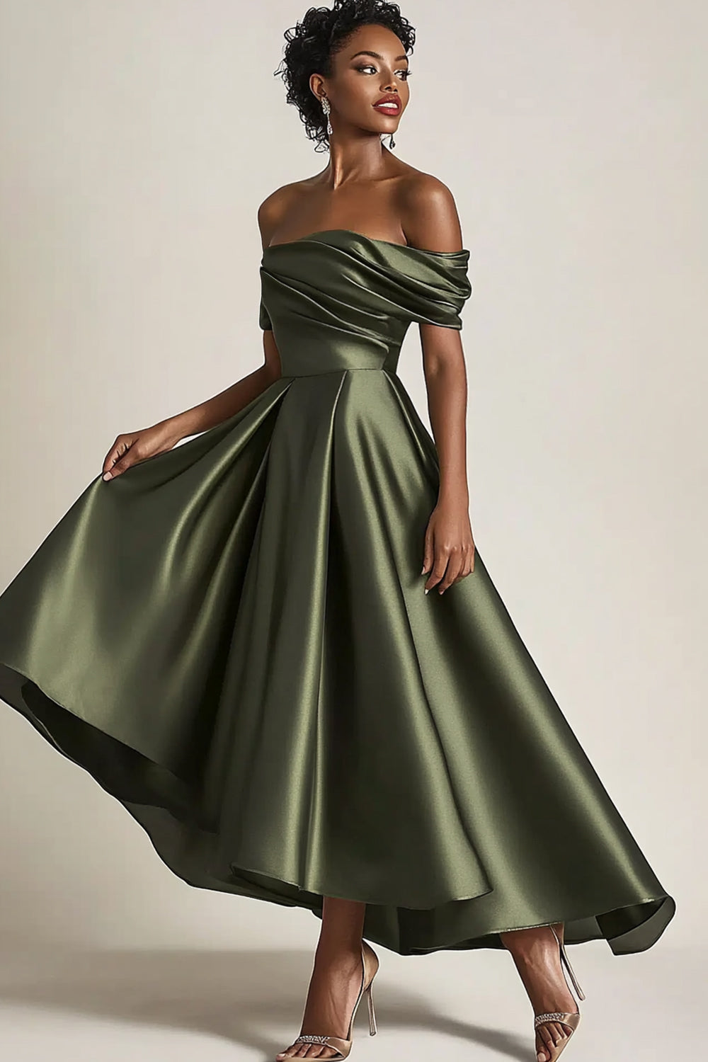 Olive A-Line Off the Shoulder Ruched Satin Long Mother of the Bride Dress
