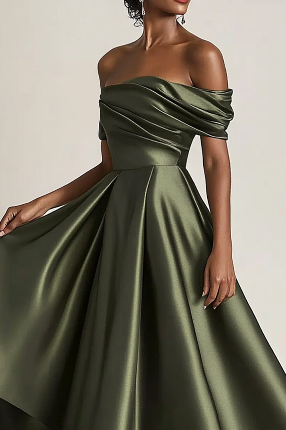 Olive A-Line Off the Shoulder Ruched Satin Long Mother of the Bride Dress