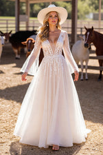 V-Neck Long Sleeves Tulle A-Line Bridal Dress With Appliques Open Back