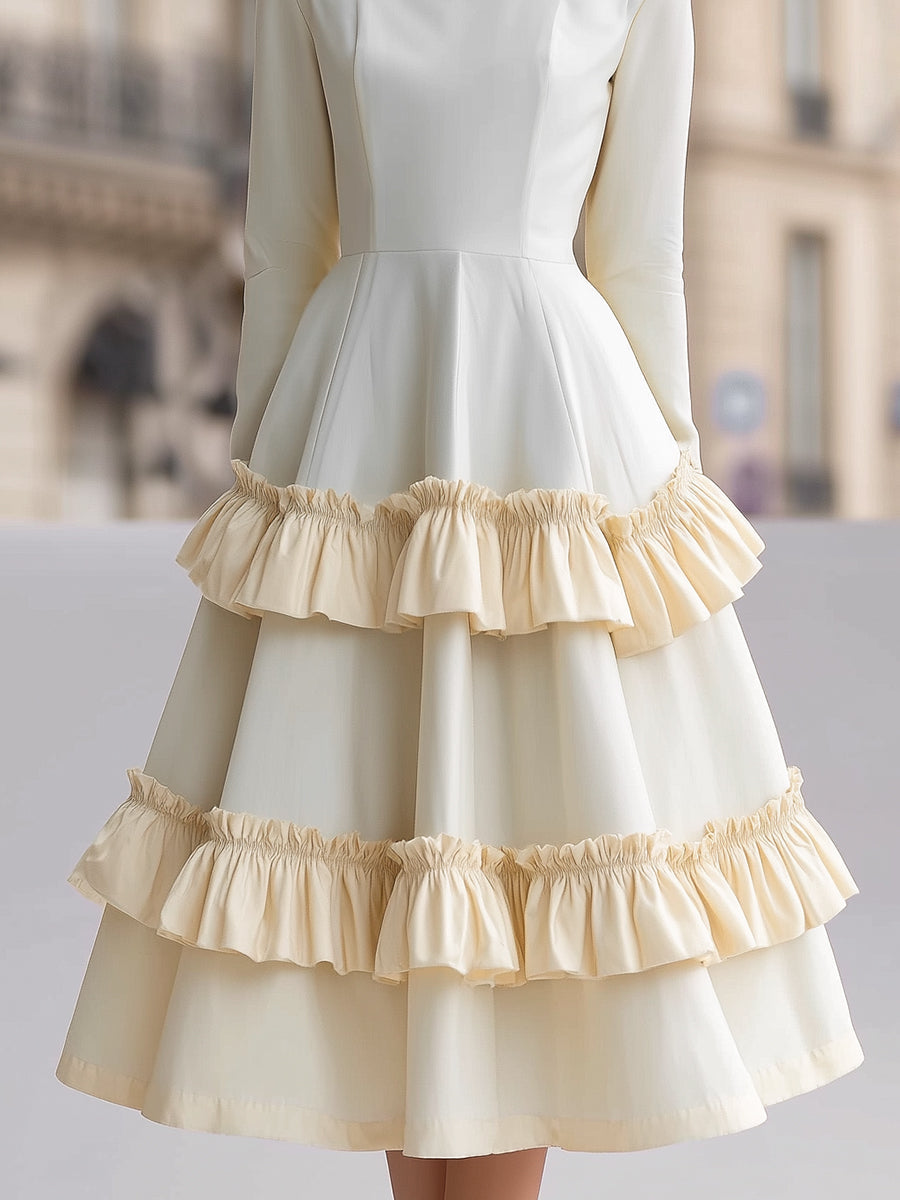 Tiered Ruffle Midi Evening Dress With High-Neck Silhouette