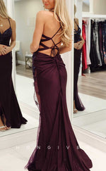 L2856 - V-Neck Spaghetti Straps Appliques Beaded With Side Slit Party Prom Evening Dress