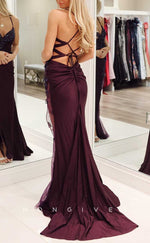 L2856 - V-Neck Spaghetti Straps Appliques Beaded With Side Slit Party Prom Evening Dress