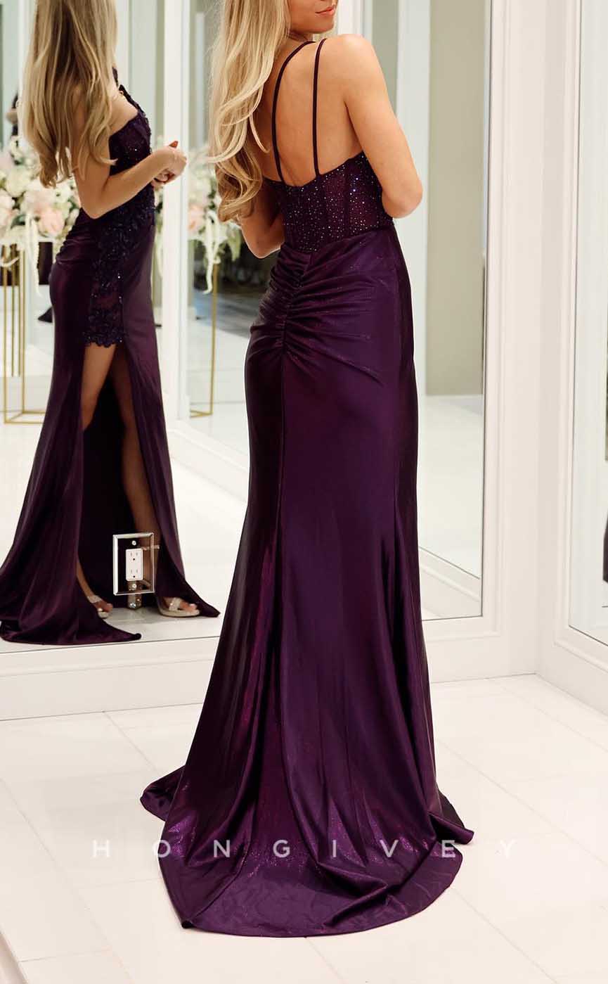 L2856 - V-Neck Spaghetti Straps Appliques Beaded With Side Slit Party Prom Evening Dress