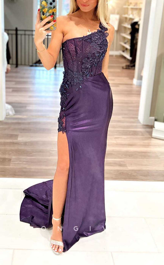 L2841 - One Shoulder Fitted Appliques Beaded With Side Slit Party Prom Evening Dress