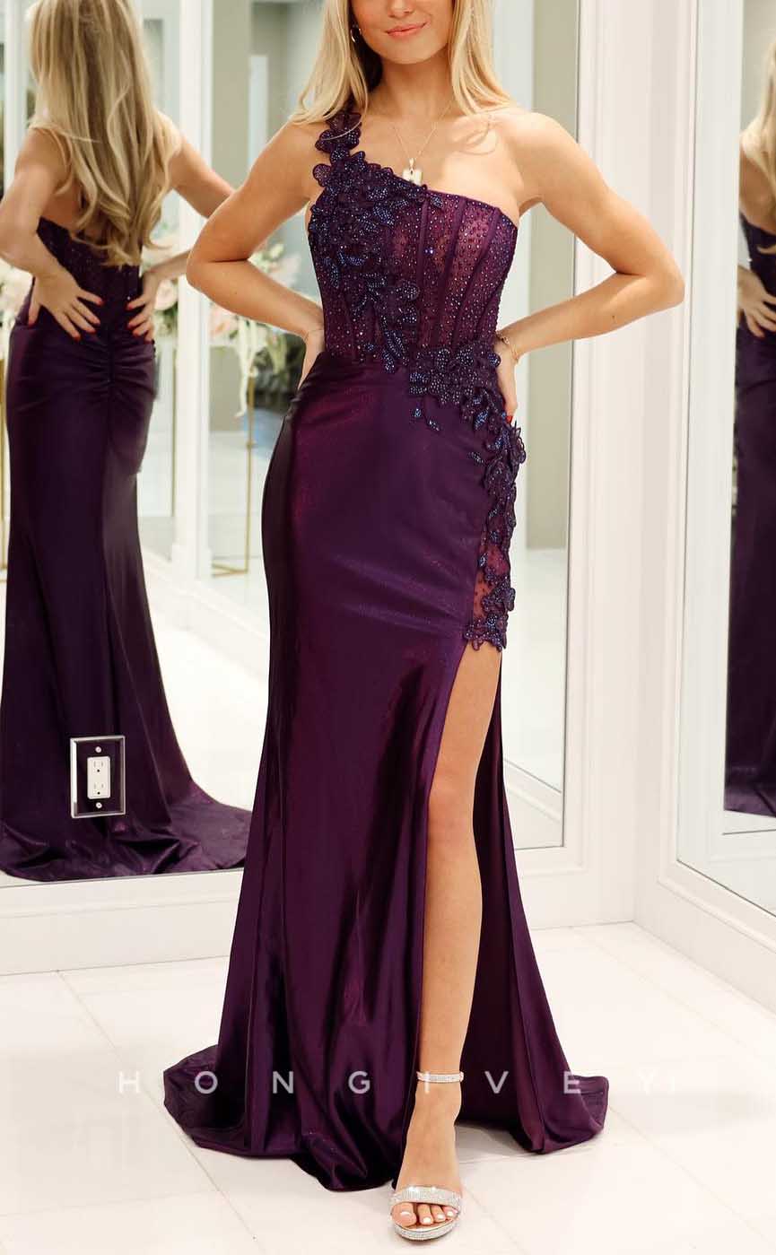 L2841 - One Shoulder Fitted Appliques Beaded With Side Slit Party Prom Evening Dress