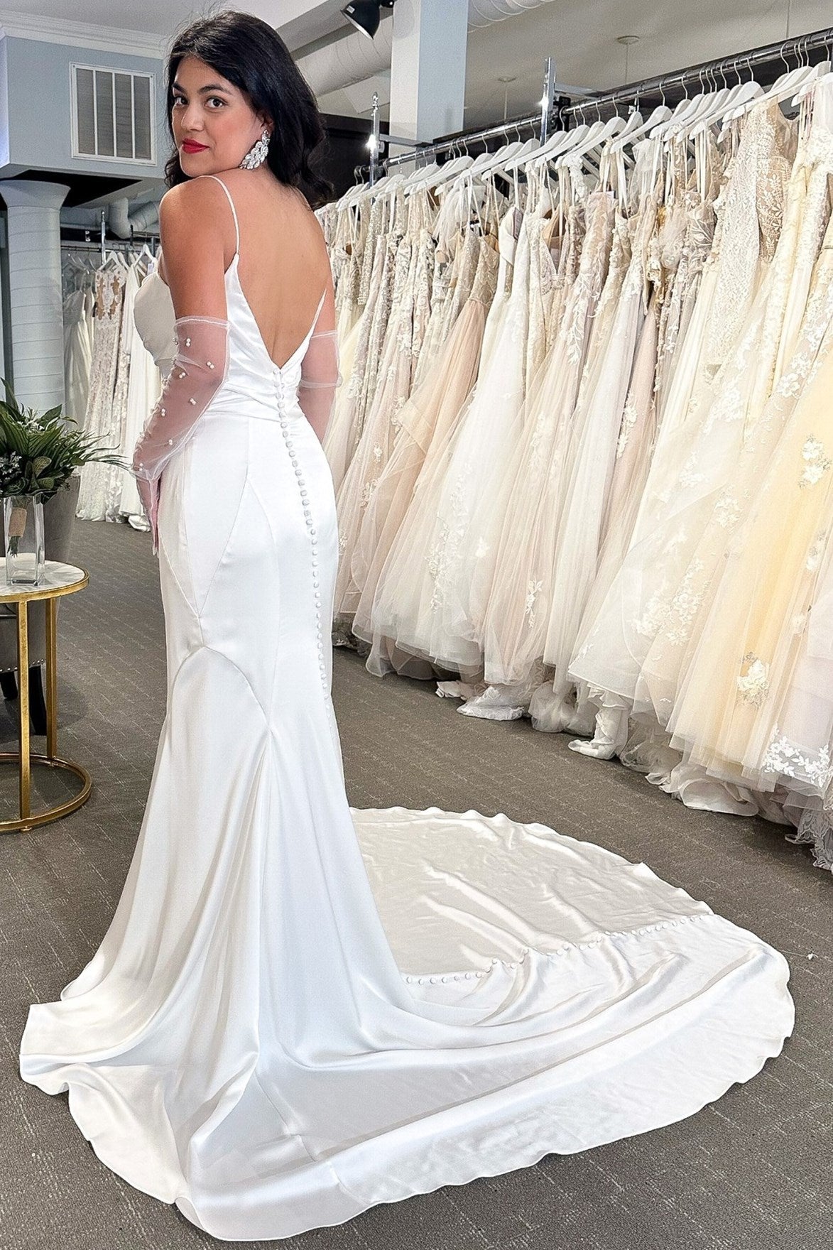 White Cowl Neck Open Back Mermaid Long Wedding Dress