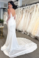 White Cowl Neck Open Back Mermaid Long Wedding Dress
