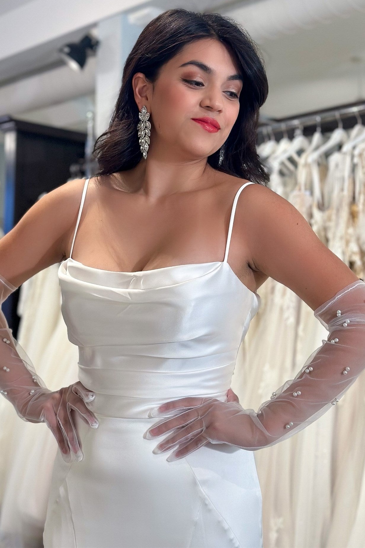 White Cowl Neck Open Back Mermaid Long Wedding Dress