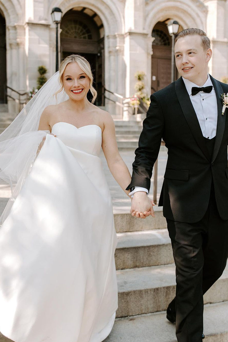 A-Line Strapless White Satin Wedding Dresses