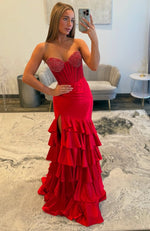 Mermaid Sweetheart Red Satin Ruffles Corset Beaded Long Prom Dresses with Side Slit