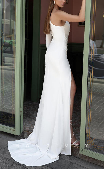 H1664 - One Shoulder Long Sleeve Ruched With Side Slit Wedding Dress