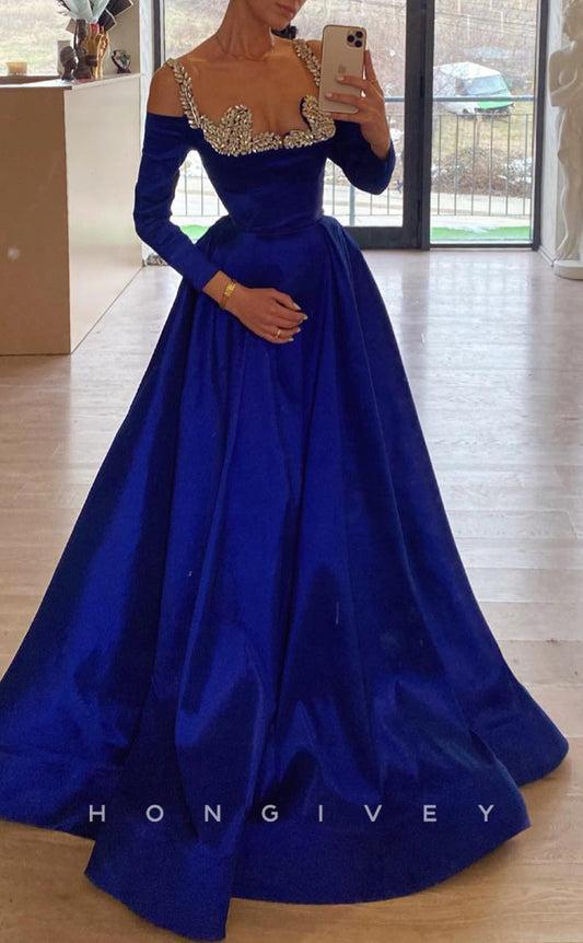 L2737 - Satin A-Line Off-Shoulder Beaded Empire Party Prom Evening Dress