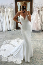 Simple Elegant V Neck Satin Long Wedding Dresses with Appliques