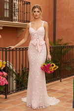 Sequin-Lace Long Sequins Sheer Mermaid Bow Prom Dress