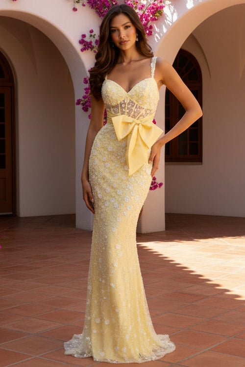 Sequin-Lace Long Sequins Sheer Mermaid Bow Prom Dress