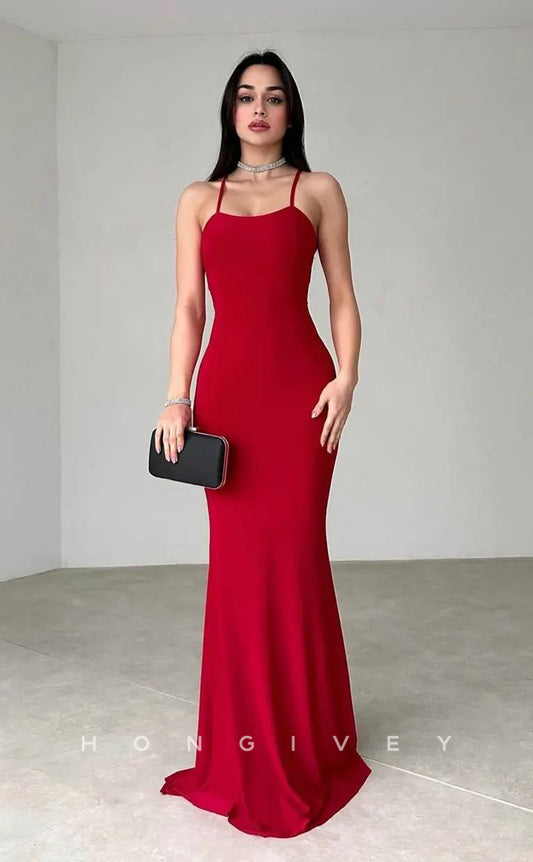 L2766 - Satin Fitted Bateau Spaghetti Straps Lace-Up Party Prom Evening Dress