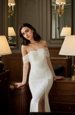 Elegant off-the-shoulder tulle long sleeves stretchy fit and flare Satin wedding dress