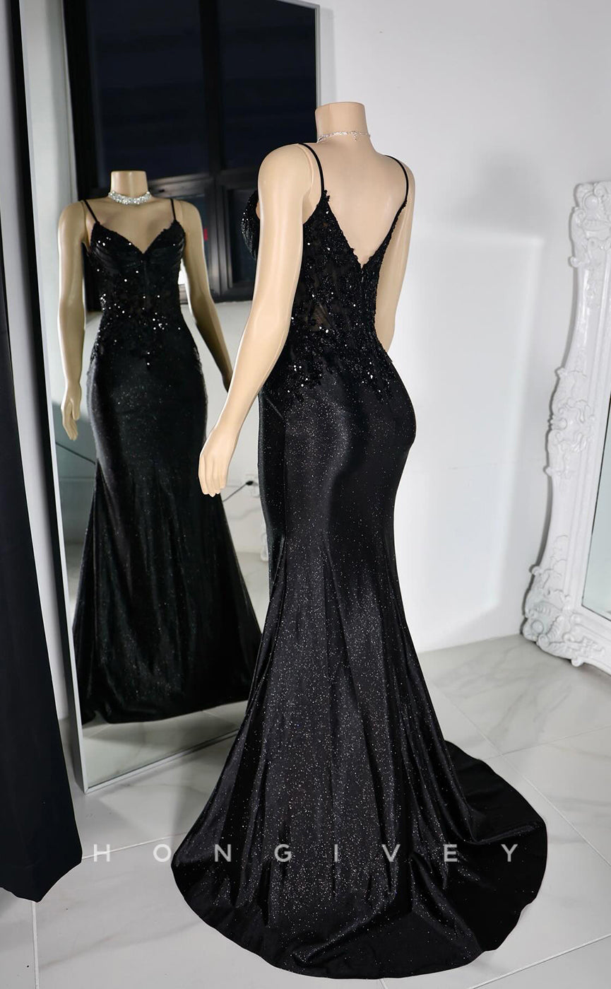 L2923 - V-Neck Spaghetti Straps Appliques Party Prom Evening Dress For Black Women