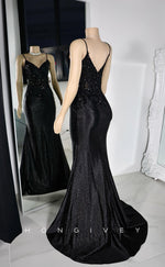 L2923 - V-Neck Spaghetti Straps Appliques Party Prom Evening Dress For Black Women