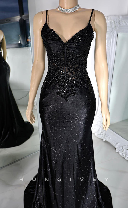 L2923 - V-Neck Spaghetti Straps Appliques Party Prom Evening Dress For Black Women