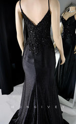 L2923 - V-Neck Spaghetti Straps Appliques Party Prom Evening Dress For Black Women