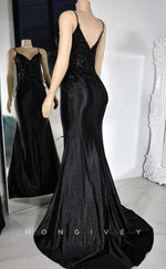 L2923 - V-Neck Spaghetti Straps Appliques Party Prom Evening Dress For Black Women