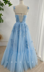 L2765 - Tulle A-Line V-Neck Spaghetti Straps Lace Applique Beaded Party Prom Evening Dress