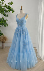 L2765 - Tulle A-Line V-Neck Spaghetti Straps Lace Applique Beaded Party Prom Evening Dress