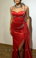 L2842 - Sweetheart Spaghetti Straps Beaded With Side Slit Train Party Prom Evening Dress