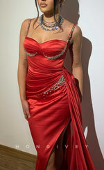 L2842 - Sweetheart Spaghetti Straps Beaded With Side Slit Train Party Prom Evening Dress