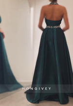 L2964 - Satin High Neck Sleeveless With Train Beaded Party Prom Evening Dress