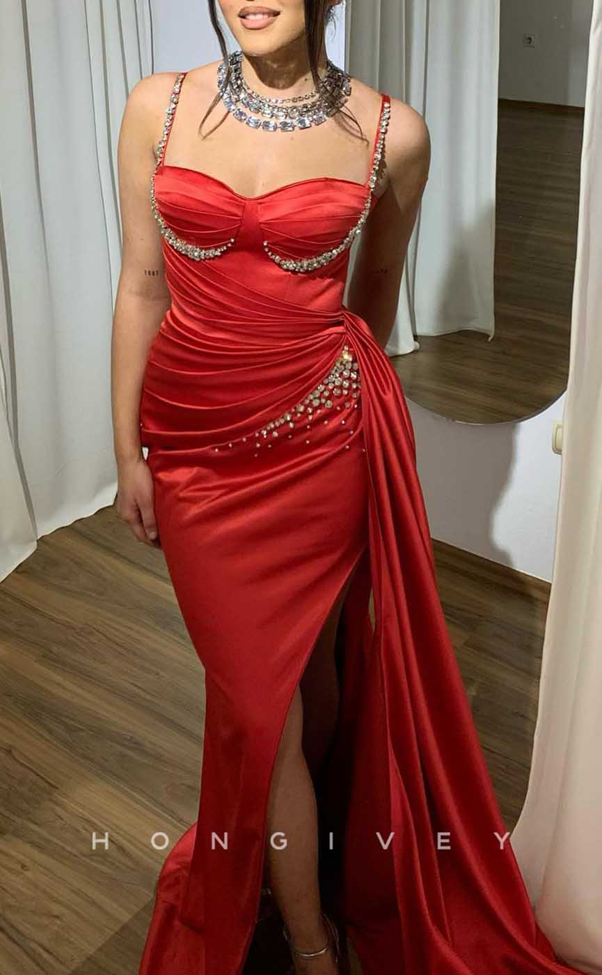 L2842 - Sweetheart Spaghetti Straps Beaded With Side Slit Train Party Prom Evening Dress