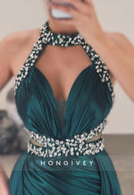 L2964 - Satin High Neck Sleeveless With Train Beaded Party Prom Evening Dress