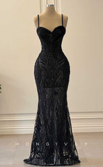 L2854 - Sweetheart Spaghetti Straps Beaded Sheer Party Prom Evening Dress