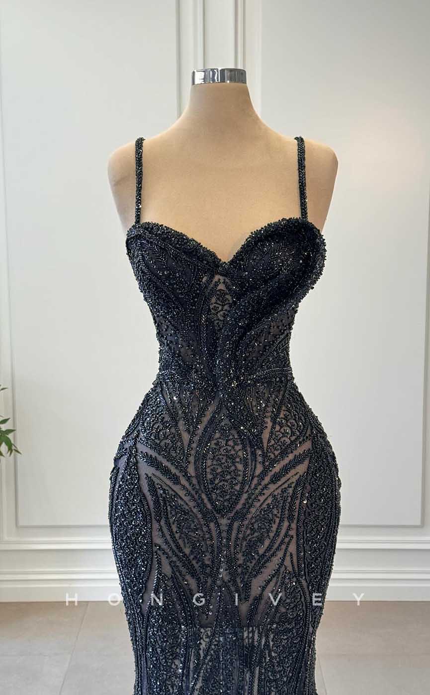 L2854 - Sweetheart Spaghetti Straps Beaded Sheer Party Prom Evening Dress