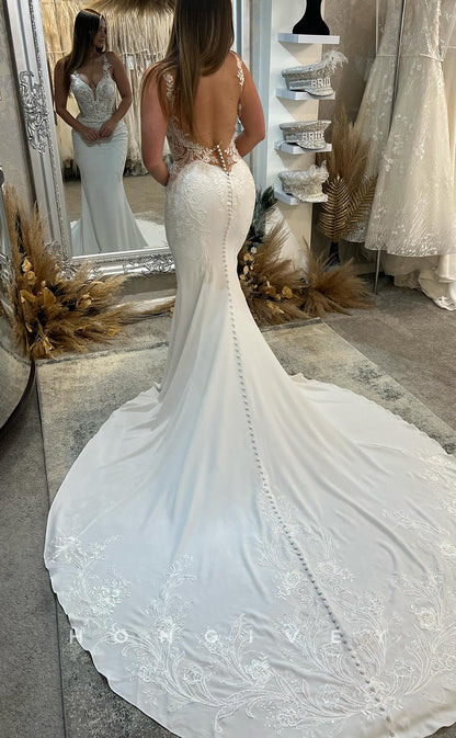 H1707 - Satin V-Neck Spaghetti Straps Lace Applique Beaded With Train Wedding Dress