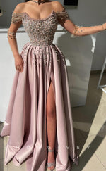 L2774 - A-Line Off-Shoulder Beaded With Side Slit Party Prom Evening Dress