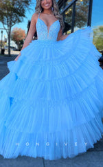 L2851 - V-Neck A-Line Appliques Tiered Tulle Party Prom Evening Dress