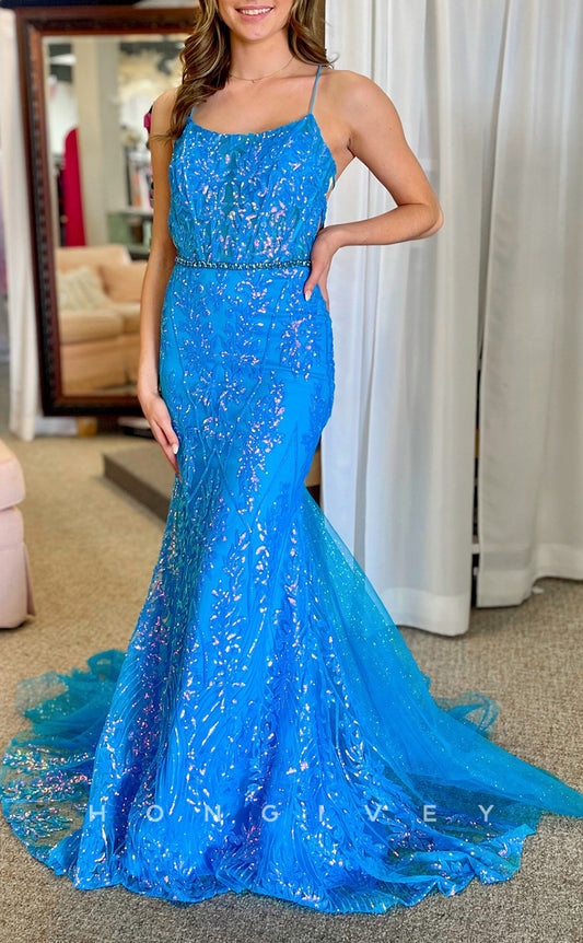 L2783 - Sparkly Bateau Spaghetti Straps Lace Applique Trumpet Party Prom Evening Dress