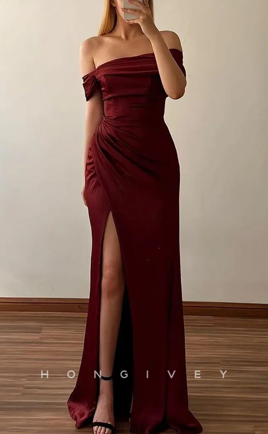 L2768 - Satin Fitted Off-Shoulder Ruched With Side Slit Party Prom Evening Dress