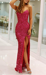 L2772 - Glitter V-Neck Strapless Sequined With Side Slit Party Prom Evening Dress