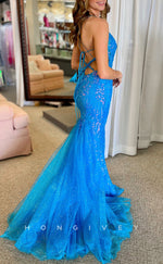 L2783 - Sparkly Bateau Spaghetti Straps Lace Applique Trumpet Party Prom Evening Dress