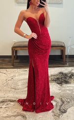 L2788 - Sweetheart Strapless Beaded Appliques With Side Slit Party Prom Evening Dress