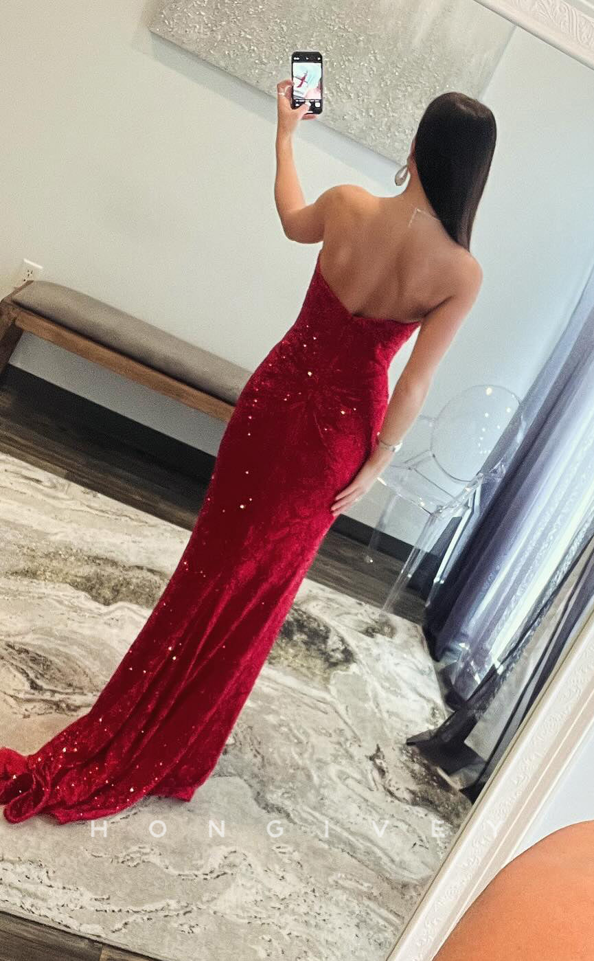 L2788 - Sweetheart Strapless Beaded Appliques With Side Slit Party Prom Evening Dress