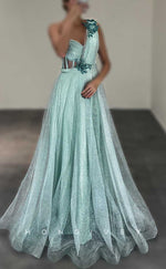 L2845 - One Shoulder Tulle A-Line Glitter Floral Embellished Party Prom Evening Dress