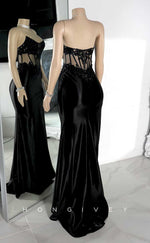 L2871 - Chic Satin Bateau Beaded Appliques Illusion With Side Slit Prom Evening Dress