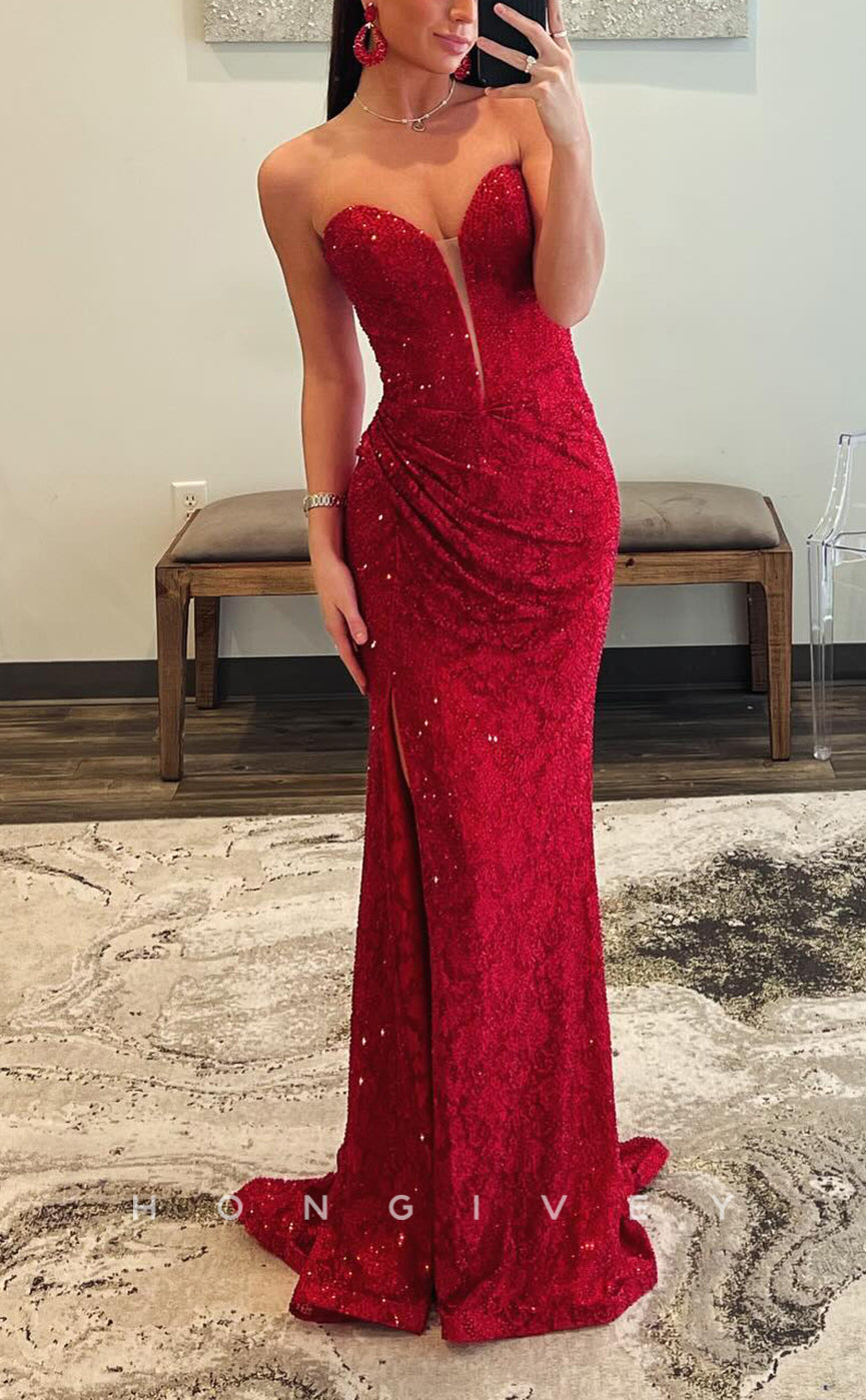 L2788 - Sweetheart Strapless Beaded Appliques With Side Slit Party Prom Evening Dress