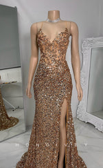 L2924 - V-Neck Spaghetti Straps Sequined With Side Slit Party Prom Evening Dress For Black Women